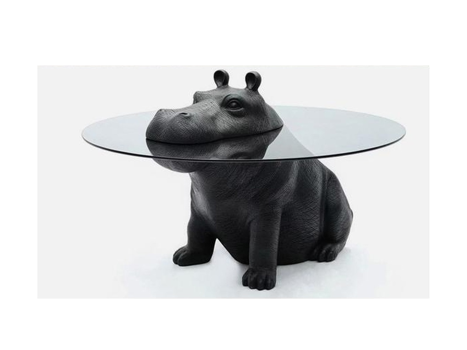 UTMG Hippo Table MT3625 — black textured hippo sculpture base with a round smoked-glass top